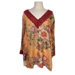 Ulla Popken Floral Chiffon Blouse 32/34 Lace Trim Kimono Sleeve Top Feminine